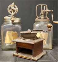 (2) Vintage butter churns, 1 grinder