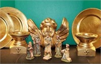 Nativity set, 2 gold pillars, angel, chargers