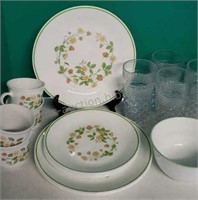 Corelle dishes and 4 glasses