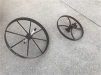 2 Iron wheelbarrow wheels 19" & 16"