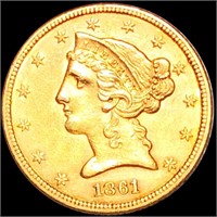 1861 $5 Gold Half Eagle CLOSELY UNCIRCULATED