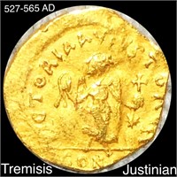 527-565 AD Justinian Tremisis Gold Coin ABOUT UNC