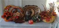 Fall decor - wreaths, cornucopia arrangement, owl,