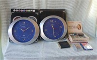 2 blue wall clocks, Muriel cigar box, phase 10,