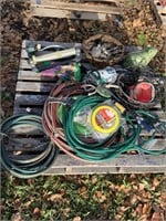 Garden lot, hoses, baskets, frog water feature