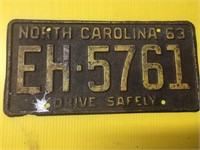 Vintage North Carolina 1963 Licenses plate