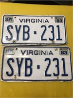 Vintage pair of 1983 Virginia license plates