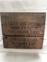 Vintage advertising wooden crate cook pork