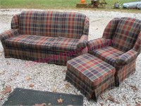Hickory Hill plaid sofa & chair w/ ottoman