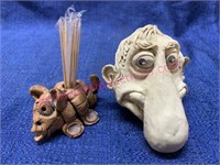 Smaller pottery face wall pc & pottery toothpick
