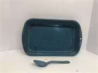 Blue/white speckled enamelware pan & spoon
