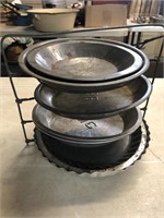 Vintage pie pans and Pie rack