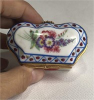 Limoges Trinket Box w/ Flowers Blue & Red Trim