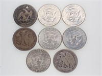 8 Mixed Date & Style US Silver Half Dollars