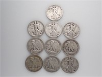 10 US Walking Liberty Silver Half Dollars