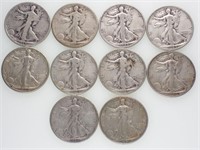10 US Walking Liberty Silver Half Dollars