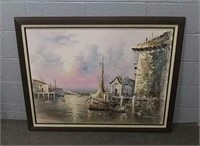 Large Framed Harbor Oil On Canvas