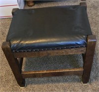 Antique Solid  Oak Footstool w/ Leather Top