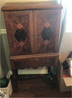 Antique Burled Walnut Inlaid Wood Music Cabinet