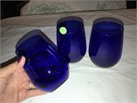 3 Stemless Blue Glass Wine Glasses