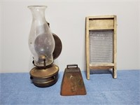 Antique oil lamp, cow bell & washboard