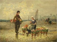 19th Cent. Dutch School Painting of Flower Seller.