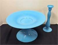 Blue Milk Glass Cake Plate/Compote & Candle Holder