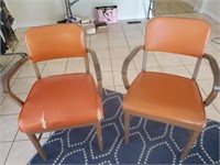 2pc Retro Arm Chairs, Orange Vinyl, 1 Needs Repair