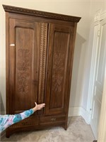 Walnut Wardrobe with carved doors and 2 drawers