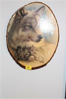 PAINTED WHITE WOLF AND BABY ON PIECE OF WOOD