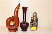 A FAMILY STATUE, 8” VASE AND 9” WOOD CARVING