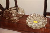 CAKE STAND AND 3 EGG PLATES