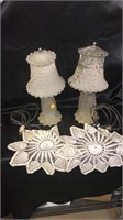 Vanity lamps with vintage doilies