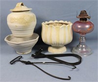 Ice Tongs, Oil Lamp & Studio Pottery