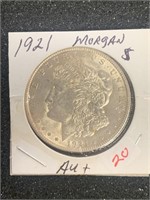 1921 MORGAN SILVER DOLLAR (90% SILVER) (AU+)