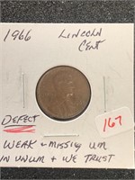 1966 LINCOLN CENT ***DEFECT - MISSING LETTERS***