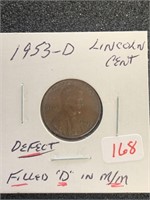 1953-D LINCOLN CENT ***DEFECT - FILLED "D" IN