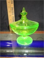 Vaseline Glass Covered Candy Dish