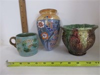 Majolica Mug & Vase & Peacock Wall Pocket