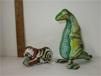 2 Tin Toy Keywind Cat & Dinosaur