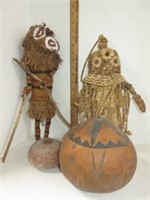 2 Native Dolls & 2 Carved Gourd Rattles