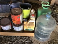 Box lot of paint, refrigerant & old water jug