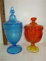 Amberina & Blue Glass Covered Candy Jars