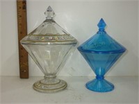 Enameled & Blue Glass Covered Candy Jars