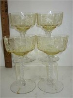 Set of 4 Etched Pale Amber Stemware
