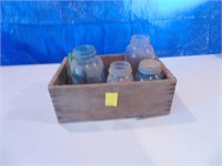 wood box with jars (2 blue)