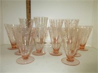 12 Pink Etched Glasses. One has teeny flake.