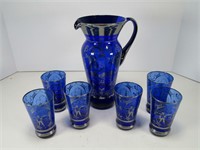 7 PC BLUE GLASS SILVER OVERLAY JUICE SET