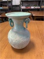 GREEN POTTERY VASE WITH DESIGN