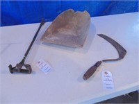 hand scythe, branding iron, wood scoop